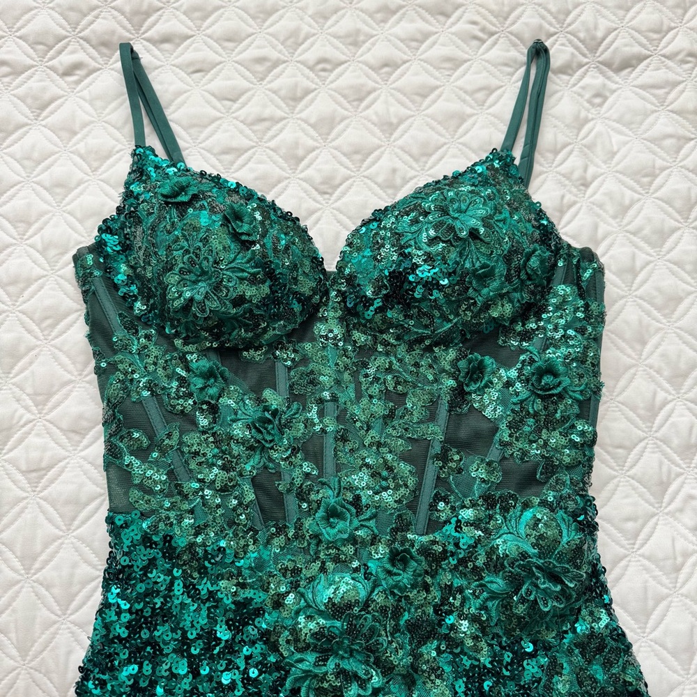 STACEES Dark Green Floral Sheer Corset Sequin Mini Spaghetti Strap Dress Sz 2 - Picture 5 of 16